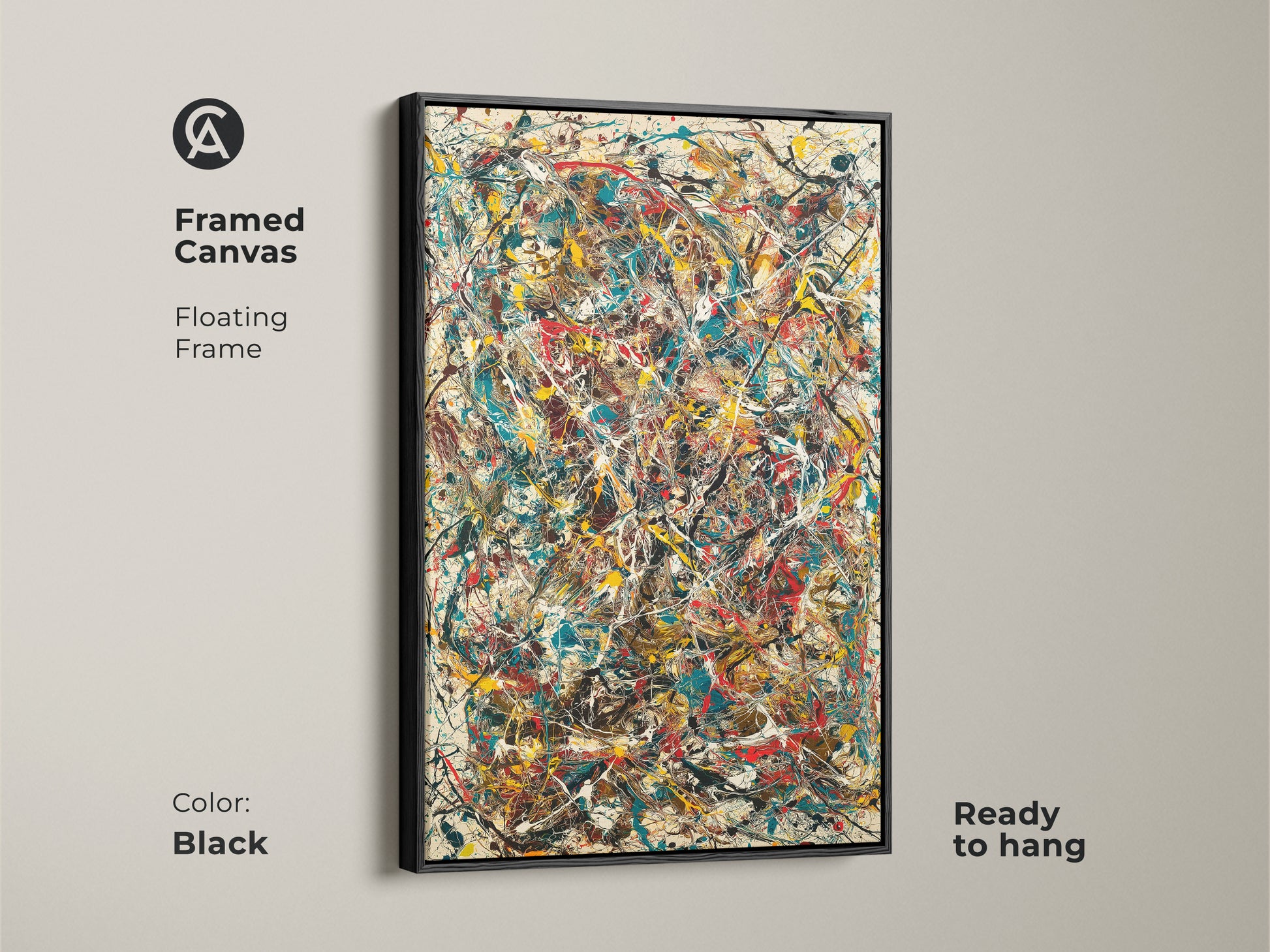 Framed canvas art featuring abstract expressionism. A black floating frame enhances the colorful artwork. This modern piece is ready to hang. Perfect for adding a sophisticated touch to your home decor.