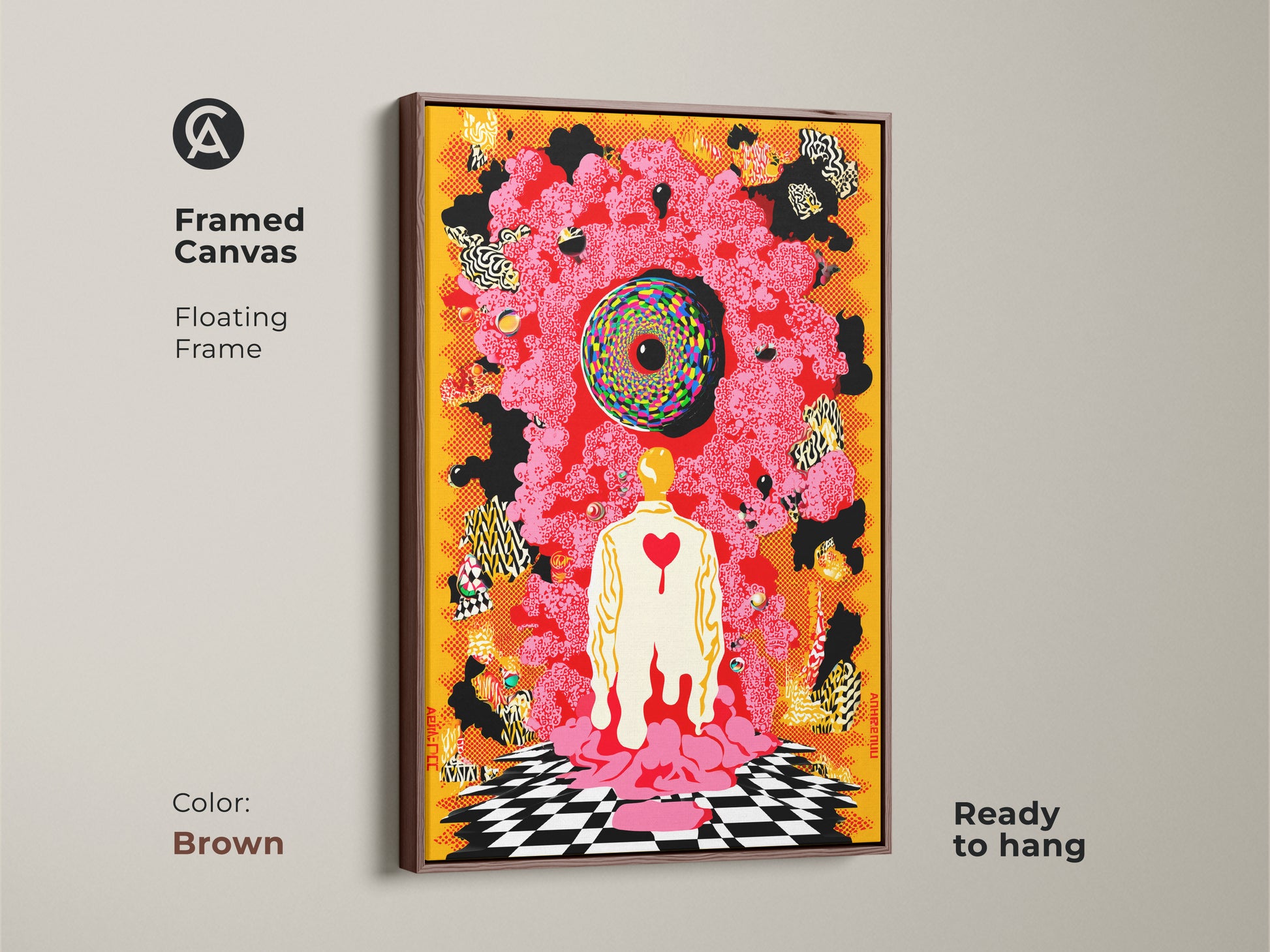 Brown framed canvas showcases a unique eclectic abstract print. The surrealist human figure is eye-catching with the yellow red black art. This ready-to-hang psychedelic canvas adds character to any wall.