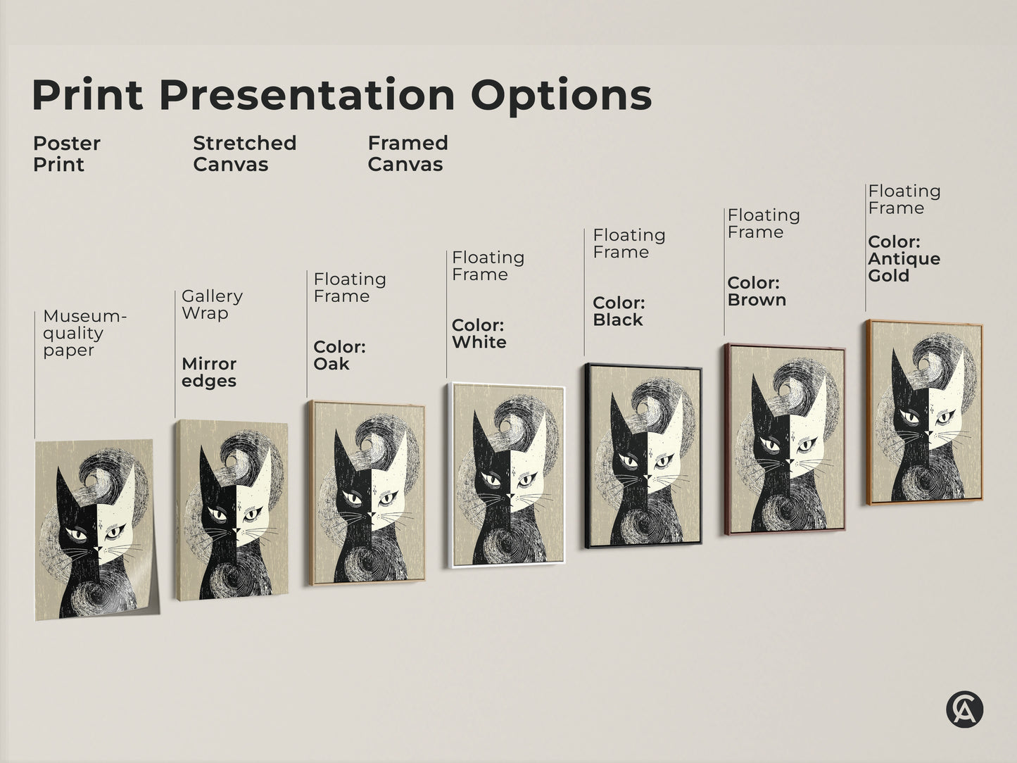 Explore print presentation options for mid-century modern cat art. Choose from poster prints stretched canvas or framed canvas. Available with floating frames in black brown antique gold oak and white. Find the perfect monochrome cat artwork to complement your home decor. Ideal for cat lovers.