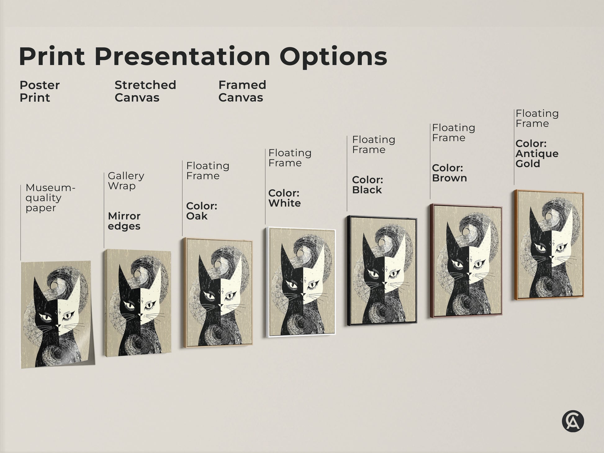 Explore print presentation options for mid-century modern cat art. Choose from poster prints stretched canvas or framed canvas. Available with floating frames in black brown antique gold oak and white. Find the perfect monochrome cat artwork to complement your home decor. Ideal for cat lovers.