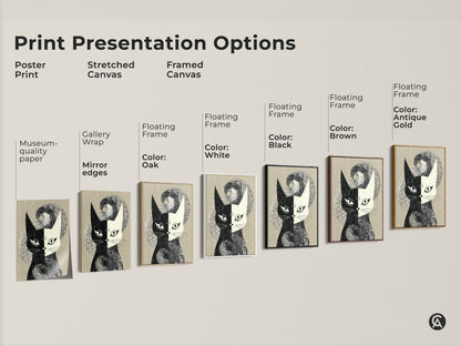Explore print presentation options for mid-century modern cat art. Choose from poster prints stretched canvas or framed canvas. Available with floating frames in black brown antique gold oak and white. Find the perfect monochrome cat artwork to complement your home decor. Ideal for cat lovers.