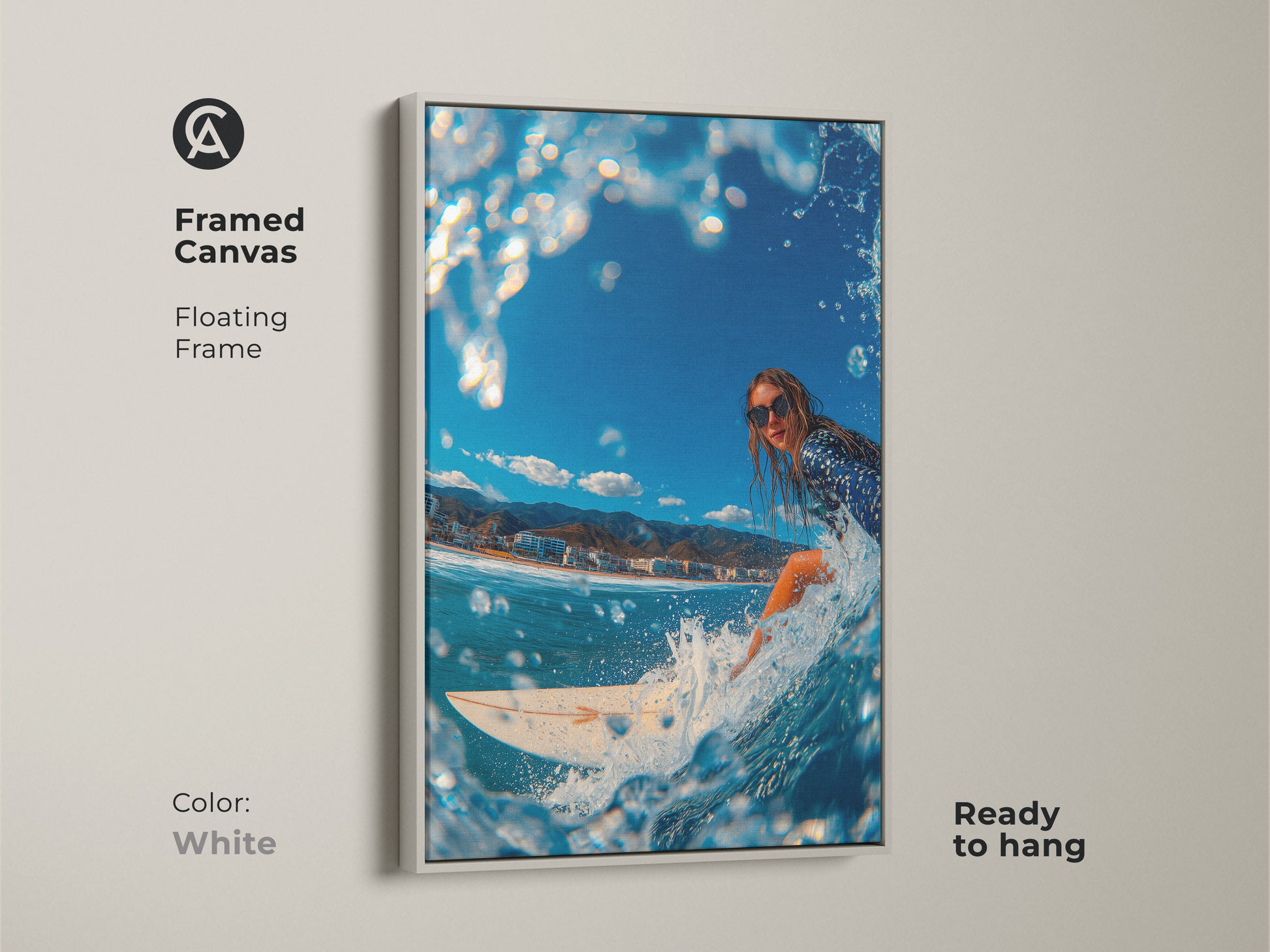 A framed canvas artwork captures a surfer riding a wave. A white floating frame offers a clean and contemporary look. Ready to hang this artwork brings a fresh coastal vibe to your decor. It is ideal for surf art enthusiasts.