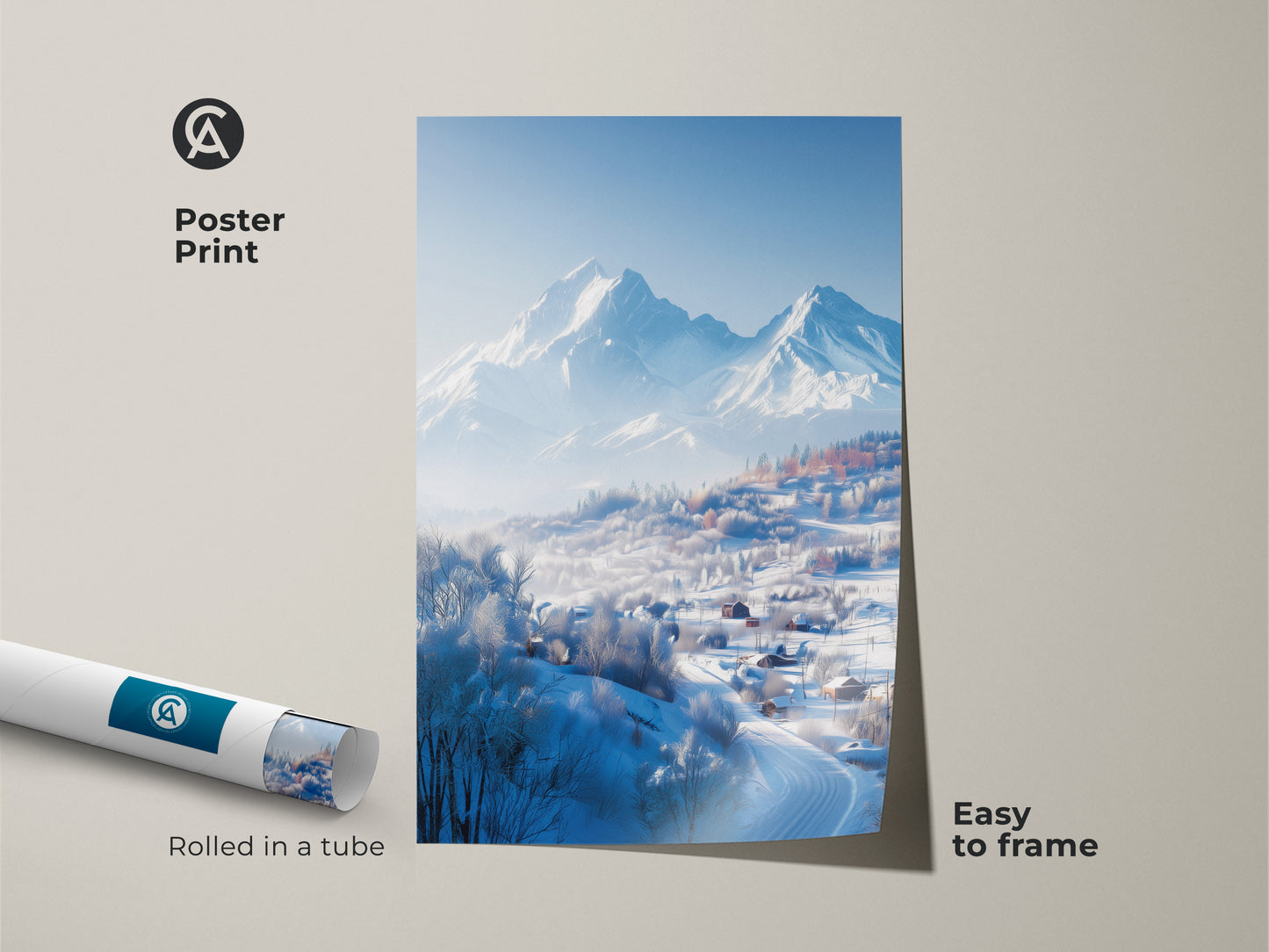 Poster print featuring a serene winter mountain scene. The landscape shows snow-covered houses in a valley. Distant mountains add to the artwork's beauty. Delivered rolled in a tube ready to frame.