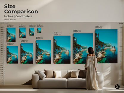 Compare sizes to find the ideal azure ocean cliff art for your space. The turquoise coastal artwork is available in various dimensions on canvas or poster. See how each size transforms a living room in this detailed size comparison. Perfect for beach lovers this piece enhances any home decor.