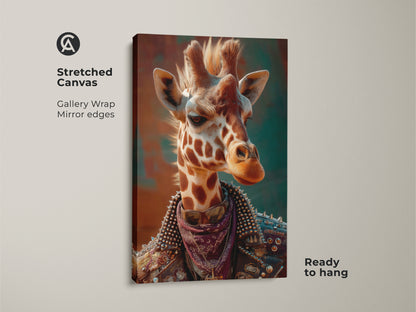 This is a stretched canvas punk giraffe artwork. The animal canvas features surreal animal art. It's a perfect eclectic teen room decor piece. This unique wildlife animal print is ready to hang. A great rocker style gift idea for giraffe lovers.