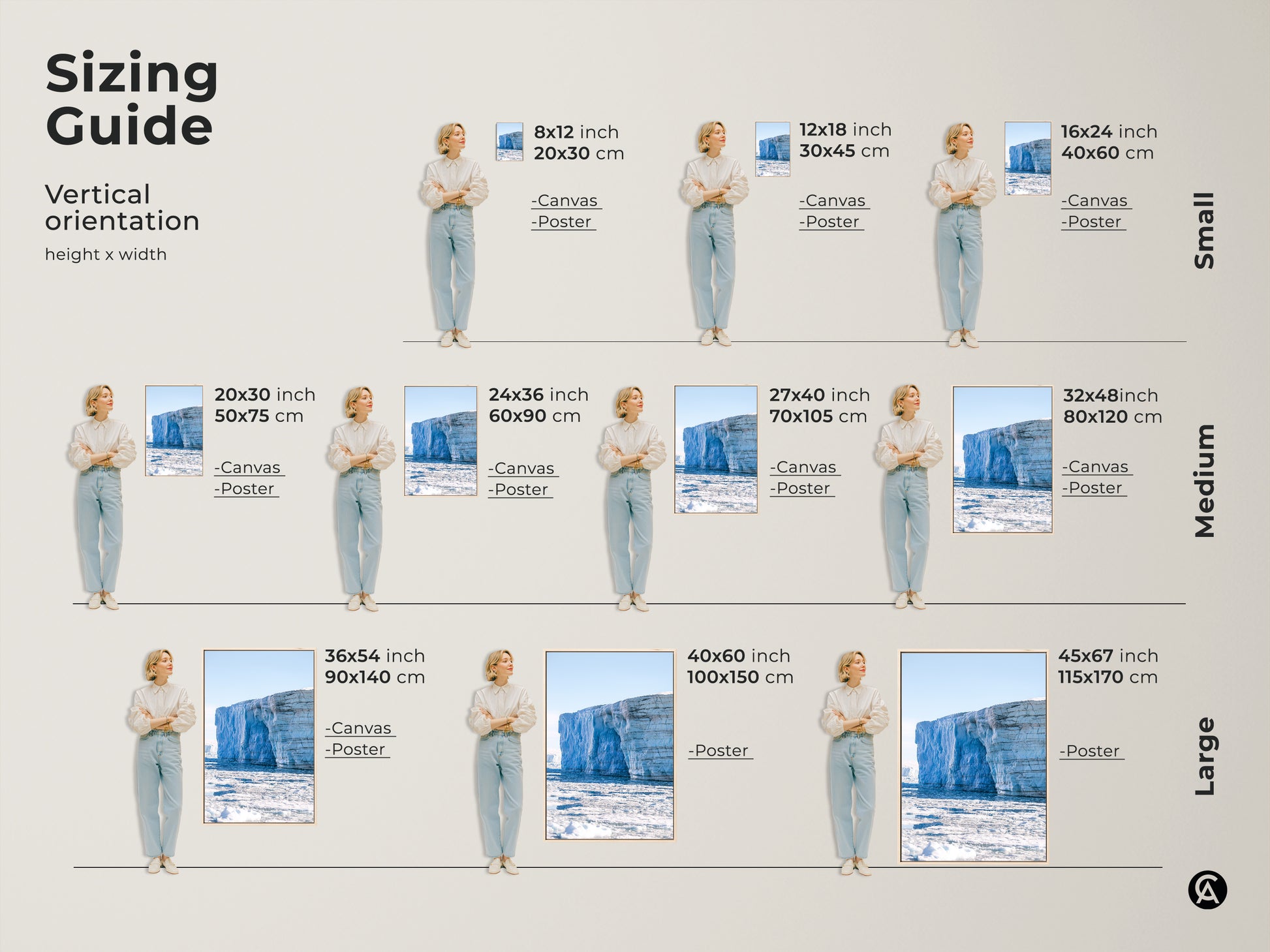 Sizing guide for vertical minimalist iceberg art. See canvas and poster sizes from small medium and large. Visualize art in 8x12 to 45x67 inches. Find the perfect fit for your space with this scenic Arctic view.