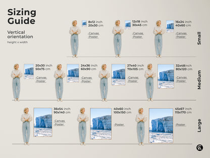 Sizing guide for vertical minimalist iceberg art. See canvas and poster sizes from small medium and large. Visualize art in 8x12 to 45x67 inches. Find the perfect fit for your space with this scenic Arctic view.