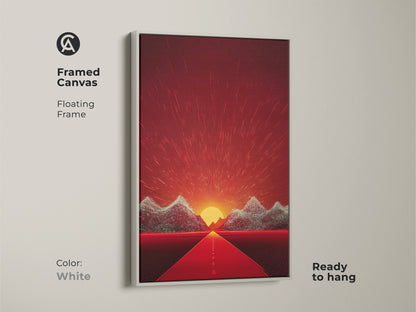 Framed Canvas with a Floating Frame in White. This artwork evokes a sense of journey with a road leading towards majestic mountains under a vibrant sunset. The abstract style is rich in reds and oranges.