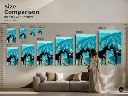 Compare sizes of this horse couple canvas art. See how the equine landscape decor transforms a living space. This dark horse print makes a statement in any room. From small accents to large wall art find the perfect fit.