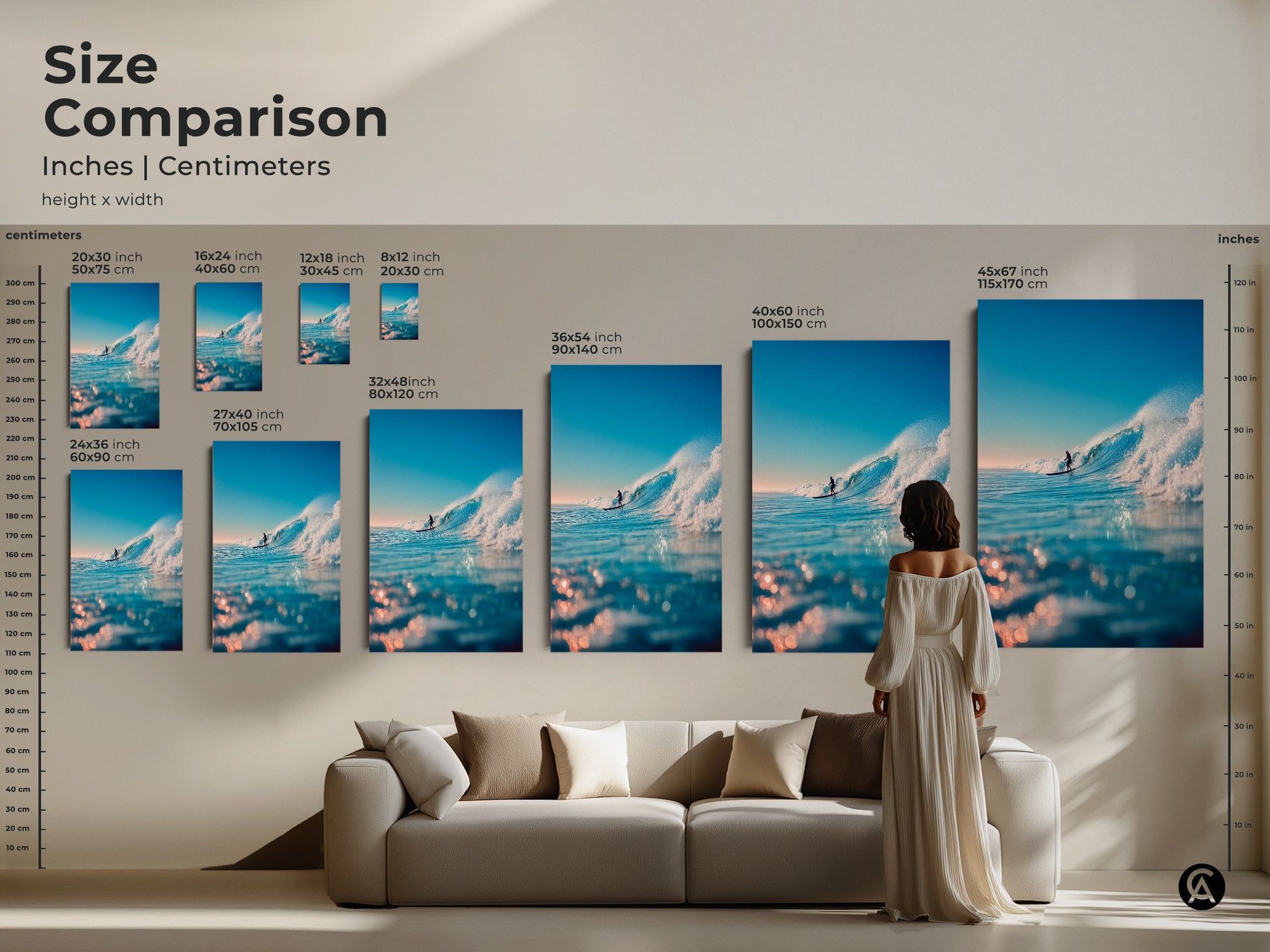 Compare sizes of ocean wave art prints in inches and centimeters. See how each piece fits in a living room setting. Choose from various sizes to match your decor needs. Find the perfect art to enhance your home today.