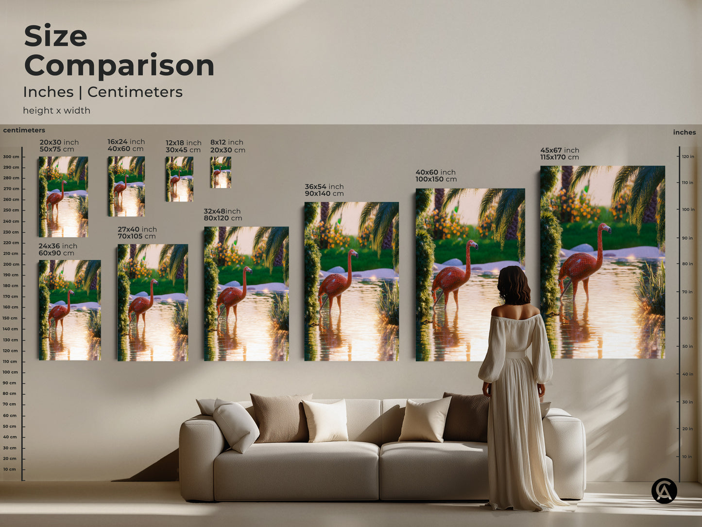 This size comparison shows the flamingo art in various inches and centimeters. See how the artwork fits above a sofa for scale. Sizes range from small to large. Perfect for visualizing how this tropical boho art will enhance your home decor. The art is ideal for animal lovers seeking a vibrant nature-inspired piece.