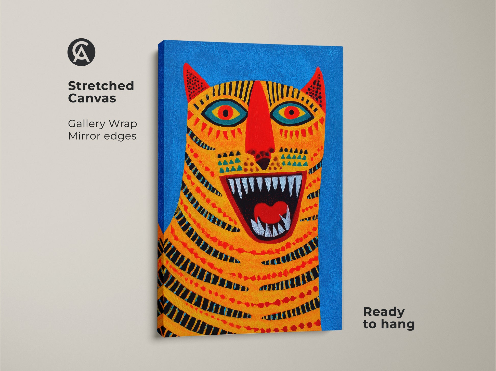 Stretched Canvas Abstract Tiger Face Art. This colorful animal canvas print has gallery wrap mirror edges. The blue orange yellow artwork is ready to hang. It will bring a bold yet whimsical energy to your eclectic home decor. The artistic animal portrait makes a unique birthday gift.