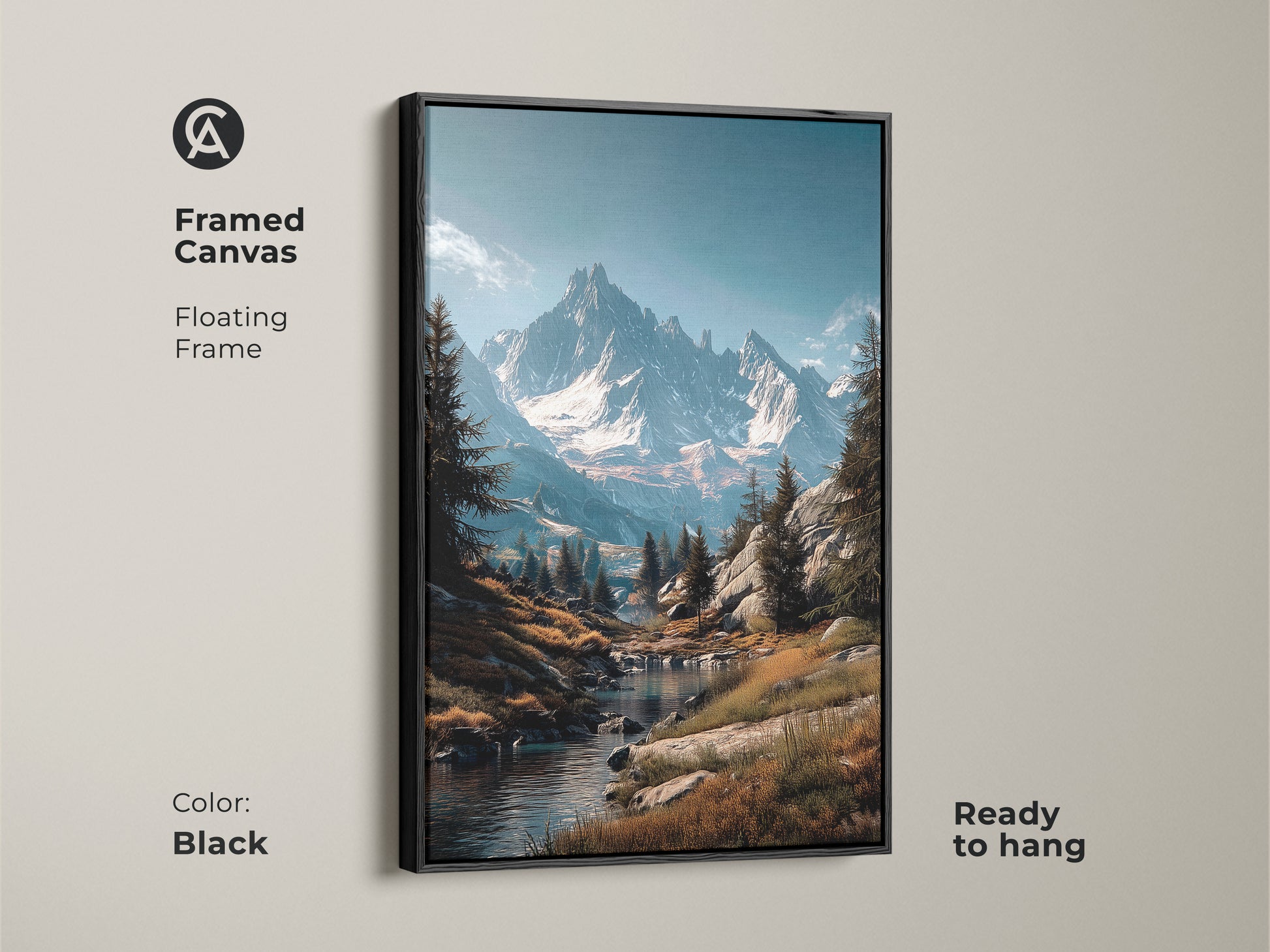 Framed canvas art featuring a majestic mountain landscape. The floating frame in black enhances the artwork. This ready-to-hang piece brings nature indoors. The river flows serenely through the scene. This art will look great in any room