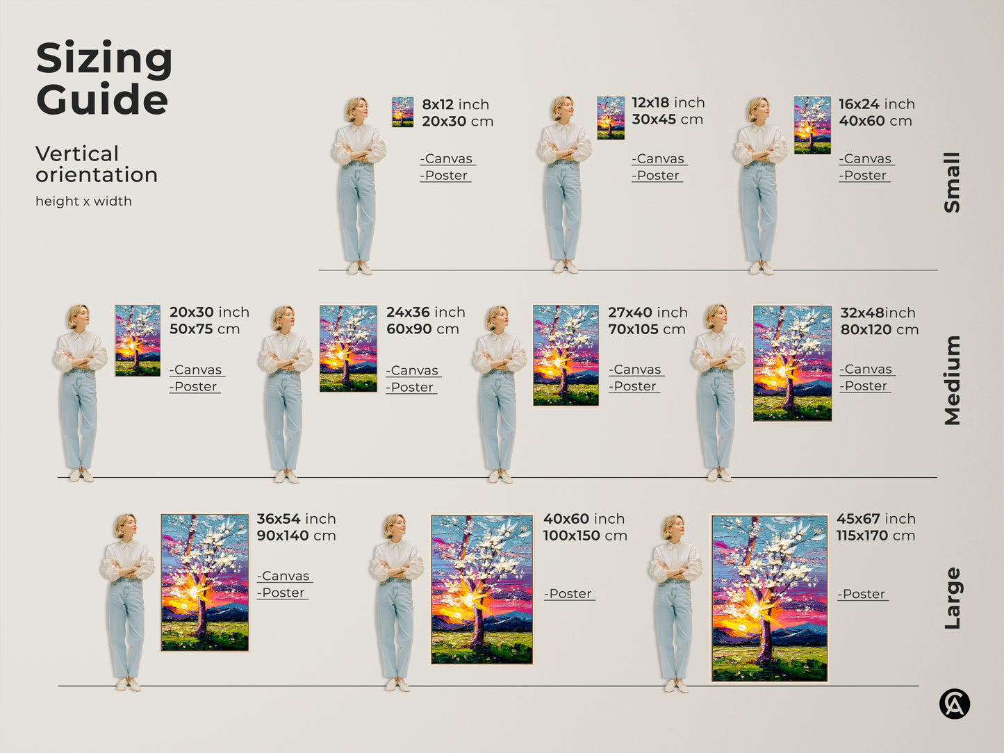Sizing guide for this vertical blooming tree wall decor. Visualize small medium and large sizes for canvas or poster prints. Find the perfect fit for your space. This nature inspired artwork makes a great focal point.