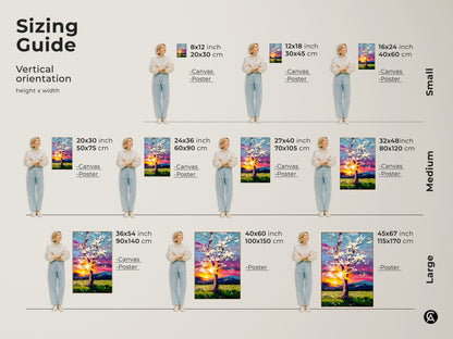 Sizing guide for this vertical blooming tree wall decor. Visualize small medium and large sizes for canvas or poster prints. Find the perfect fit for your space. This nature inspired artwork makes a great focal point.