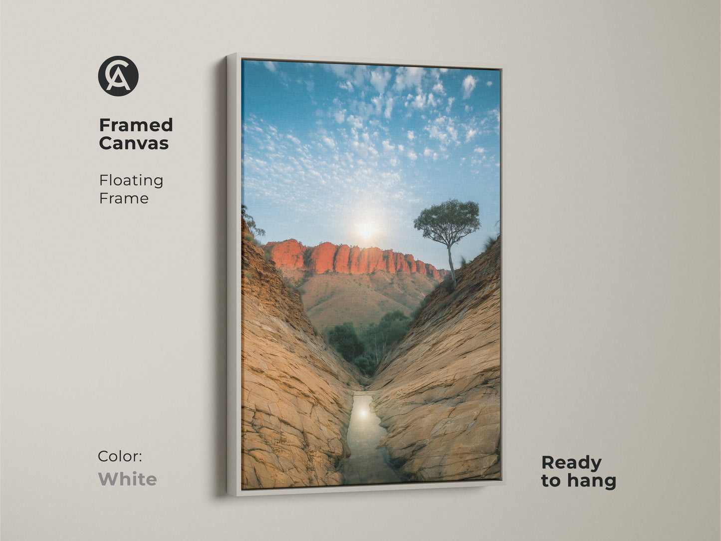 Brighten your home with this framed canvas art featuring a red rock desert canyon. The white floating frame highlights the natural beauty of this landscape photography. Ready to hang this Australian outback canvas is perfect for minimalist decor. A great gift for nature lovers.