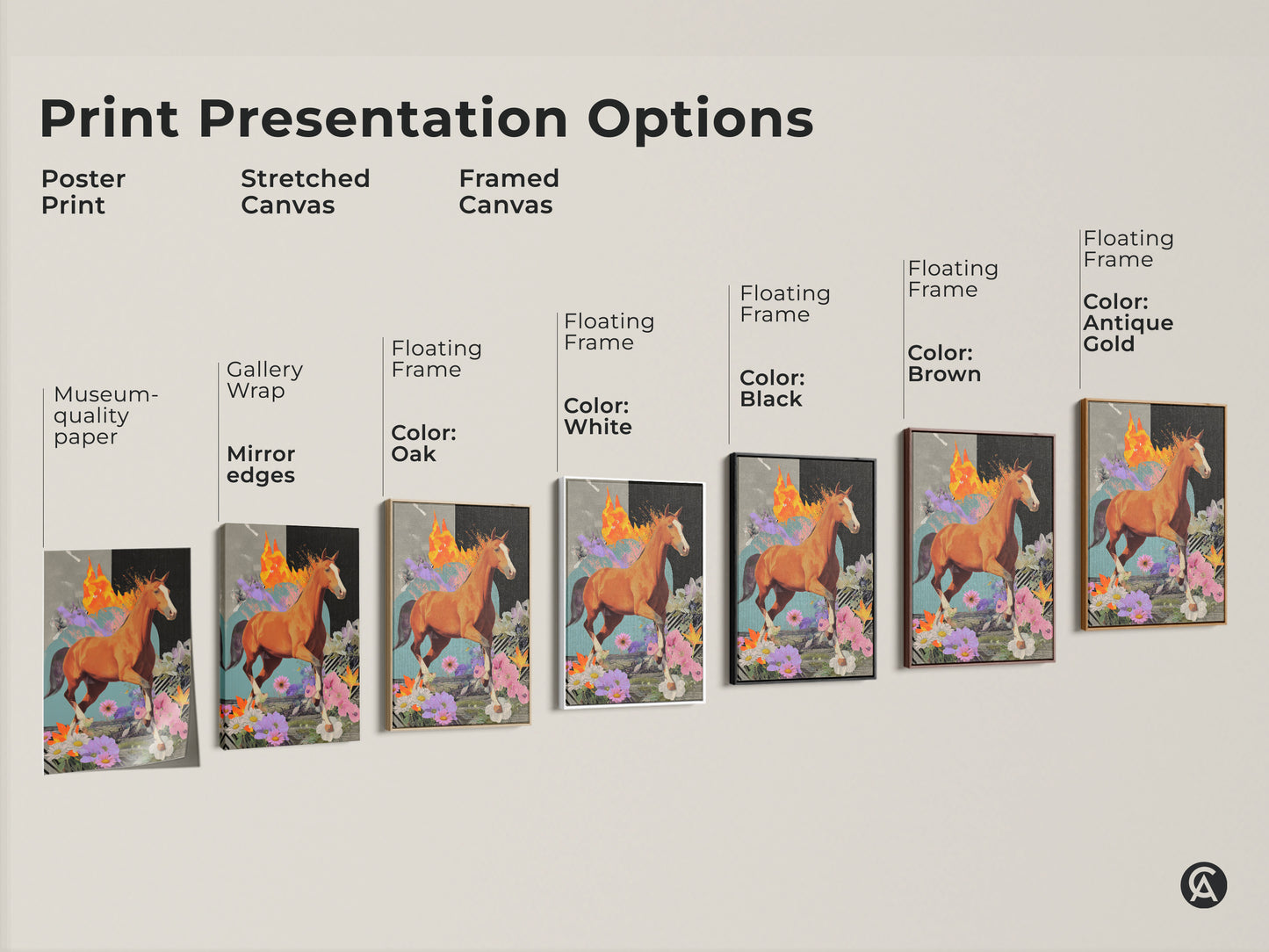 Explore print presentation options for this surreal horse artwork. Choose from poster print stretched canvas and framed canvas. Each option beautifully showcases the eclectic collage art. The orange brown and teal tones make it a vibrant addition to any space. Find the perfect unique wall art.