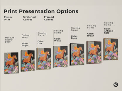 Explore print presentation options for this surreal horse artwork. Choose from poster print stretched canvas and framed canvas. Each option beautifully showcases the eclectic collage art. The orange brown and teal tones make it a vibrant addition to any space. Find the perfect unique wall art.