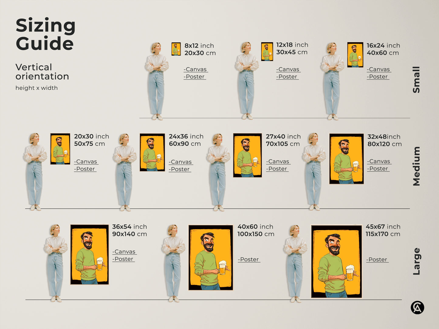 This is the beer mug cartoon art sizing guide. It shows vertical orientations with a range of sizes for canvas and posters. It's a funny man art perfect for a beer lover gift. Great for bar decor.