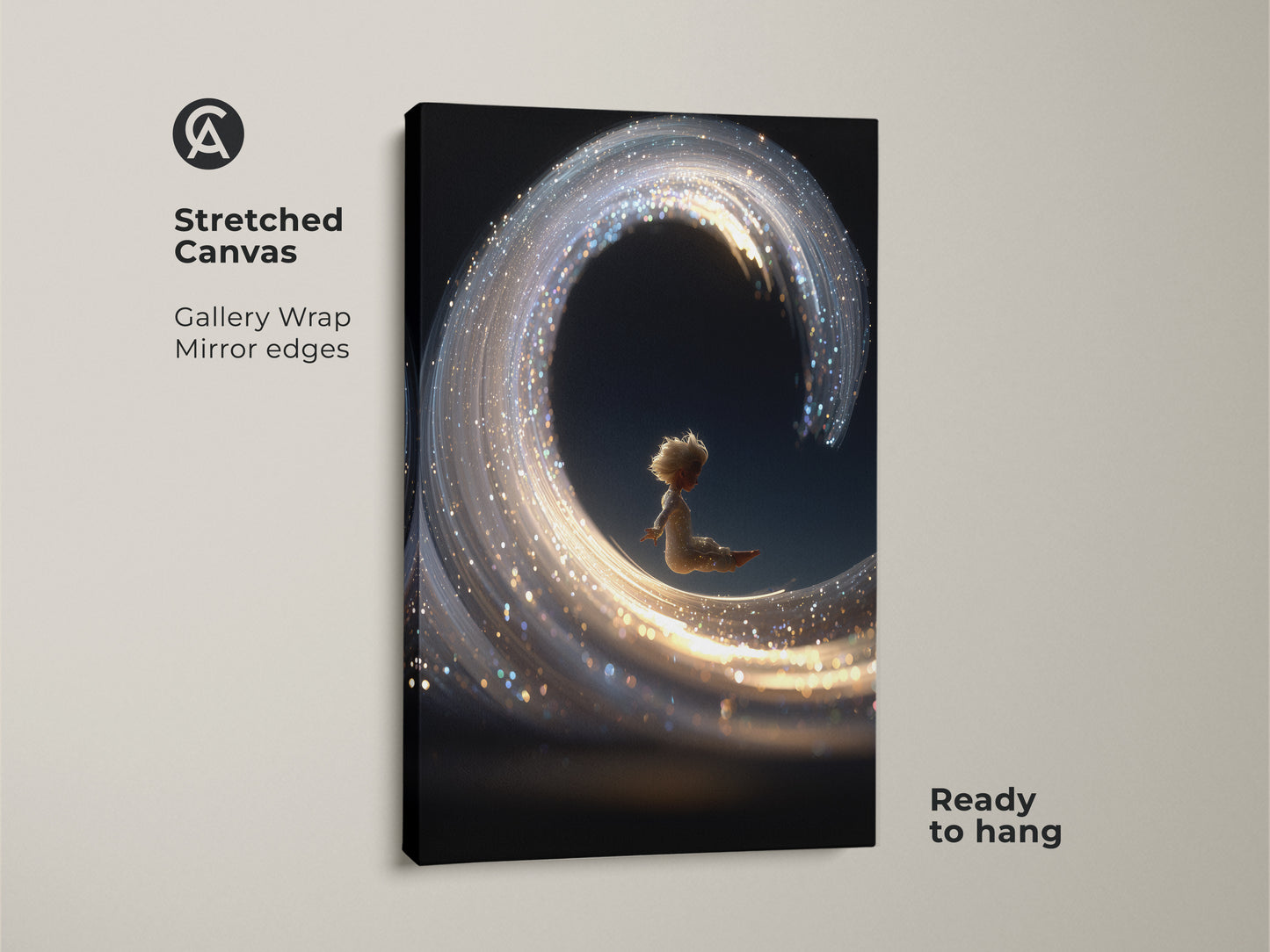 Stretched Canvas print of a child riding a light wave with gold sparkles. This gallery-wrapped canvas adds a touch of fantasy to your decor. Ready to hang this ethereal artwork will transform your space.  Perfect for adding a dreamy touch to bedrooms. A magical gift for dreamers and art lovers.