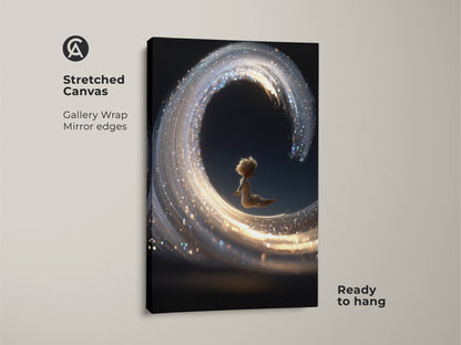Stretched Canvas print of a child riding a light wave with gold sparkles. This gallery-wrapped canvas adds a touch of fantasy to your decor. Ready to hang this ethereal artwork will transform your space.  Perfect for adding a dreamy touch to bedrooms. A magical gift for dreamers and art lovers.