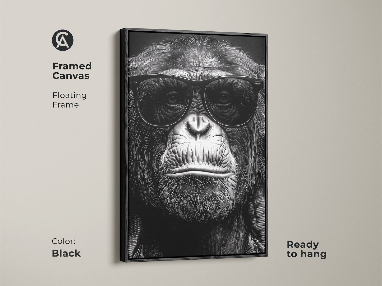 A framed canvas features a chimpanzee wearing sunglasses. The black floating frame enhances this monochrome gorilla art. It's ready to hang for study room or office wall decor. Perfect eclectic animal art for an animal lover gift. This primate portrait is a unique wall hanging.
