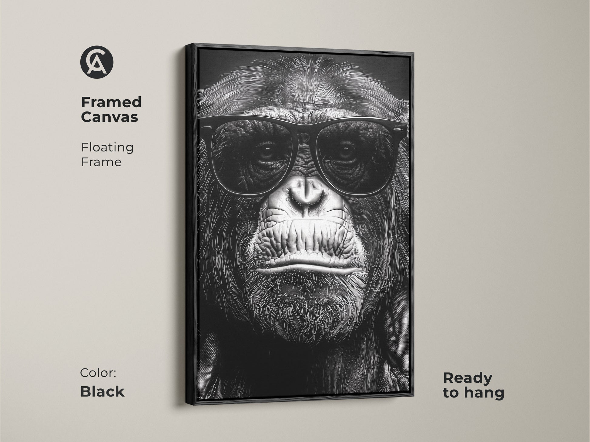 A framed canvas features a chimpanzee wearing sunglasses. The black floating frame enhances this monochrome gorilla art. It's ready to hang for study room or office wall decor. Perfect eclectic animal art for an animal lover gift. This primate portrait is a unique wall hanging.