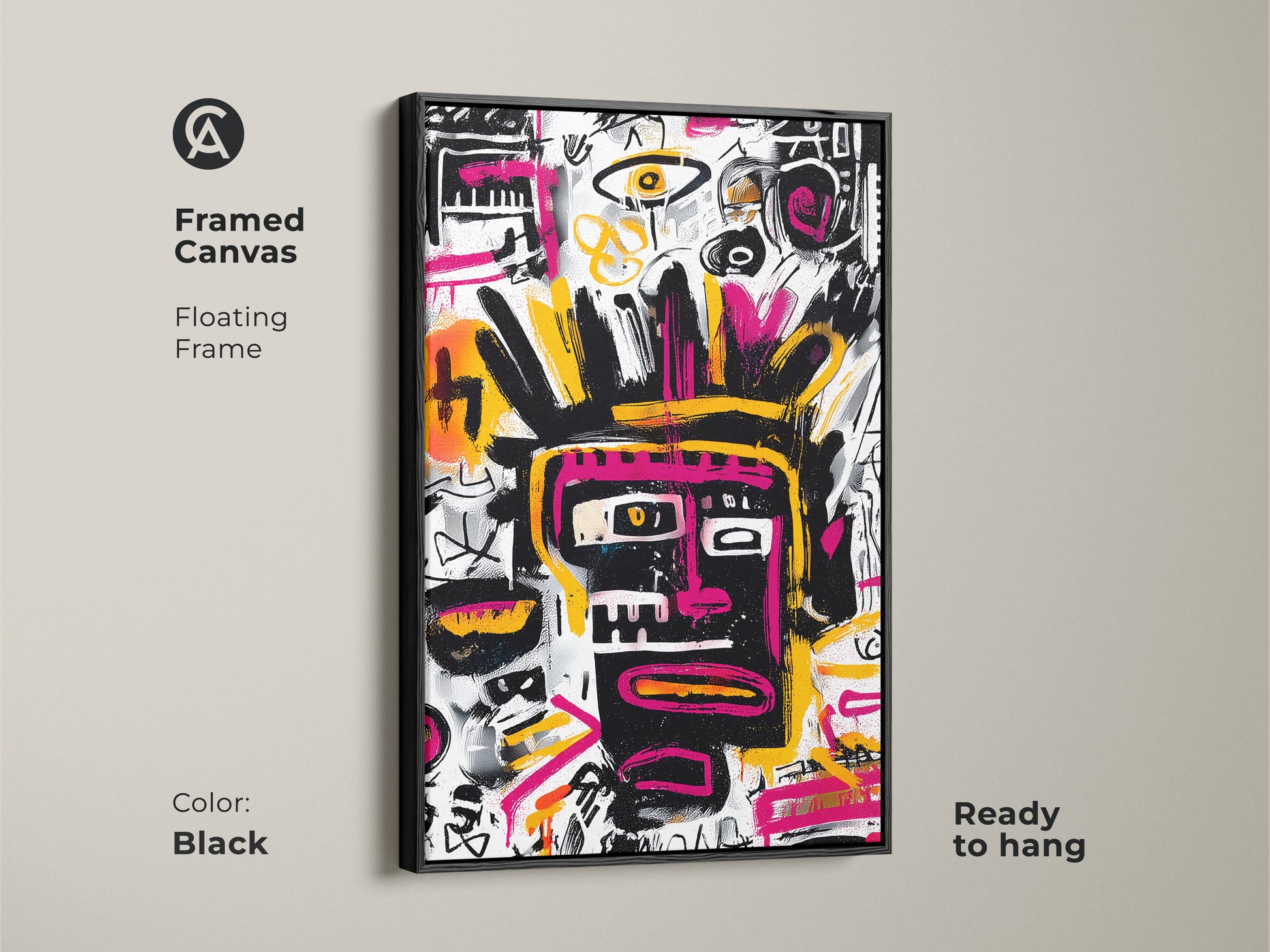 Framed canvas featuring an abstract face in the style of Basquiat with a sleek black floating frame. This ready-to-hang artwork adds a modern touch to any home or office. The artwork is a bold statement piece. It will enhance your interior decor.