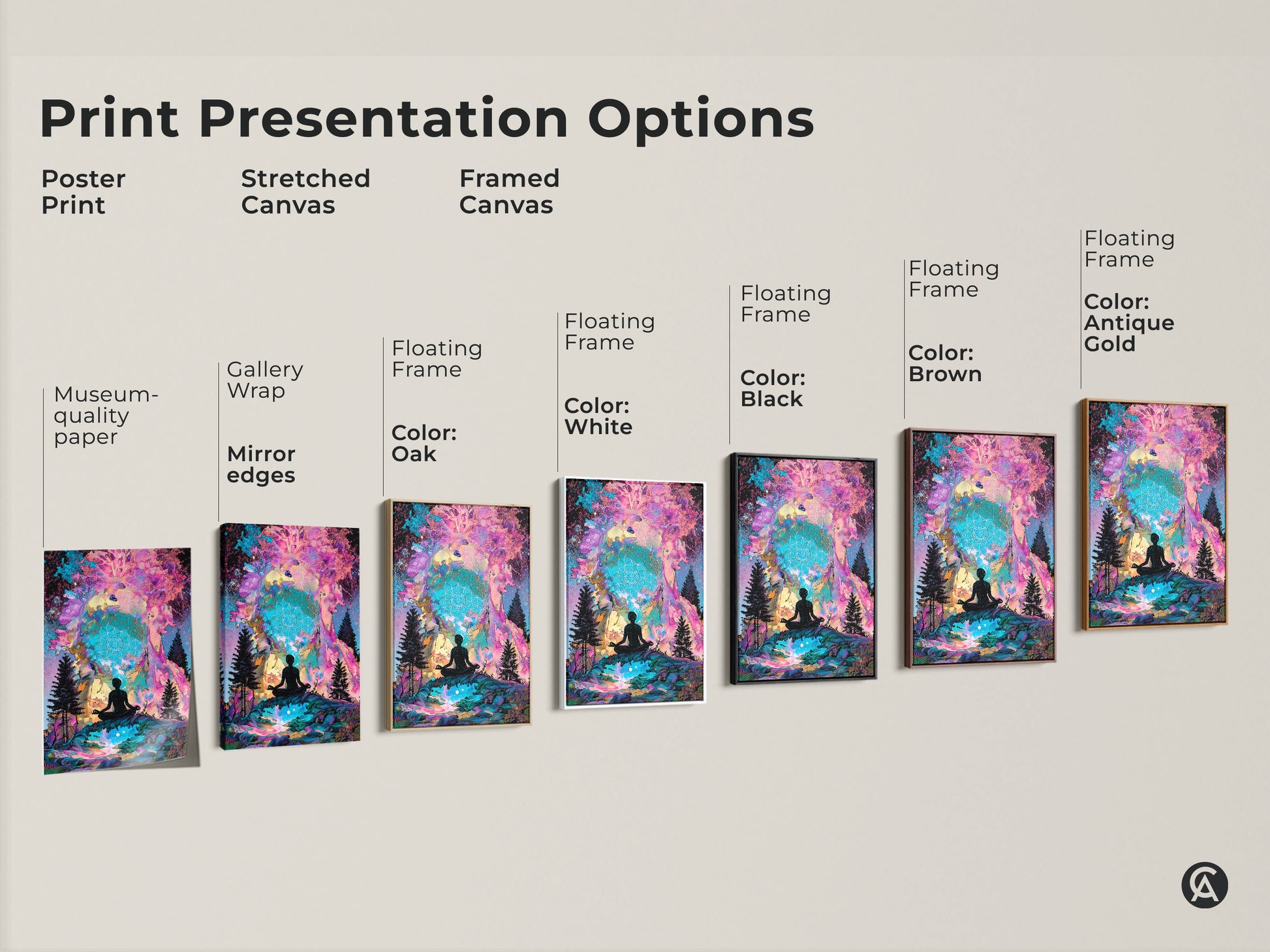 Explore print presentation options for spiritual artwork. Choose from poster prints stretched canvas and framed canvas. Find museum quality paper gallery wraps and floating frames. Shop now.
