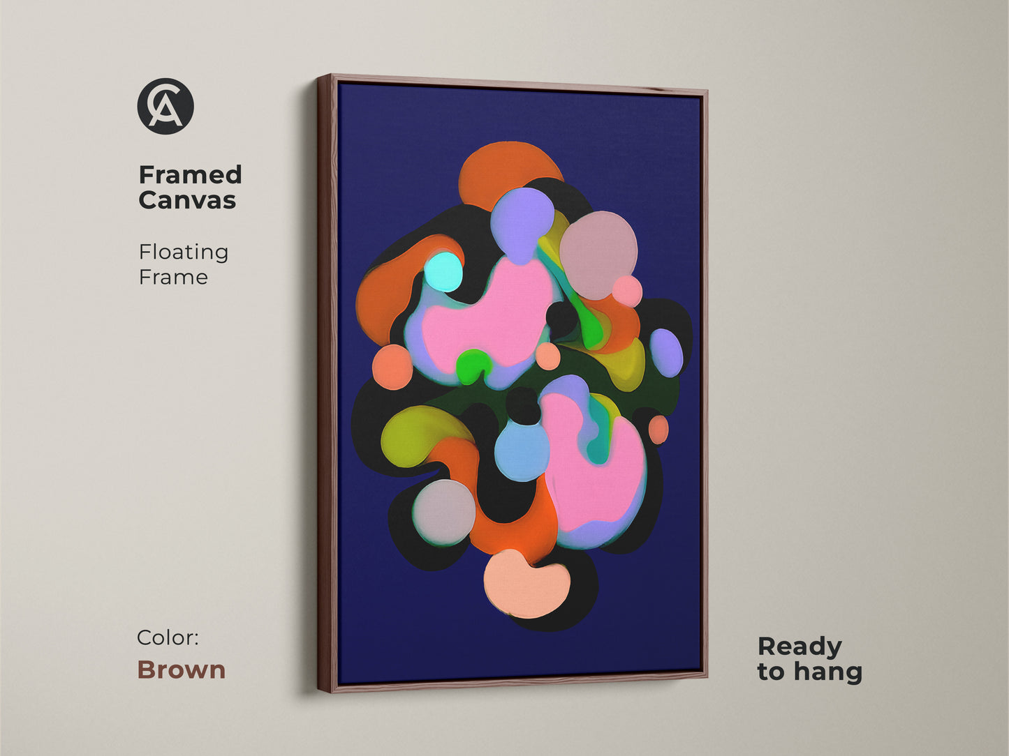 Framed canvas with a floating frame in brown showcasing abstract art. The modern artwork features geometric shapes in colors like indigo pink and green. Ready to hang this contemporary print adds a touch of sophistication to any room's wall decor.