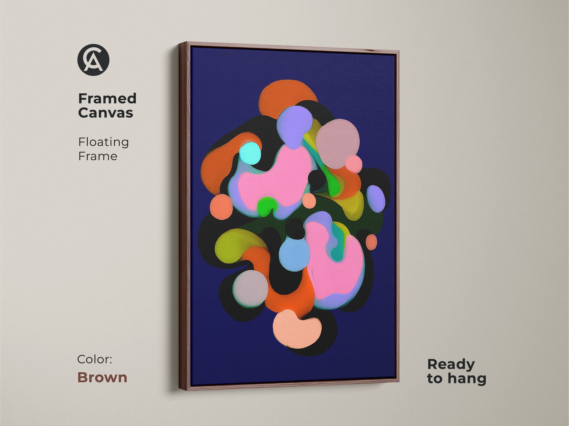 Framed canvas with a floating frame in brown showcasing abstract art. The modern artwork features geometric shapes in colors like indigo pink and green. Ready to hang this contemporary print adds a touch of sophistication to any room's wall decor.