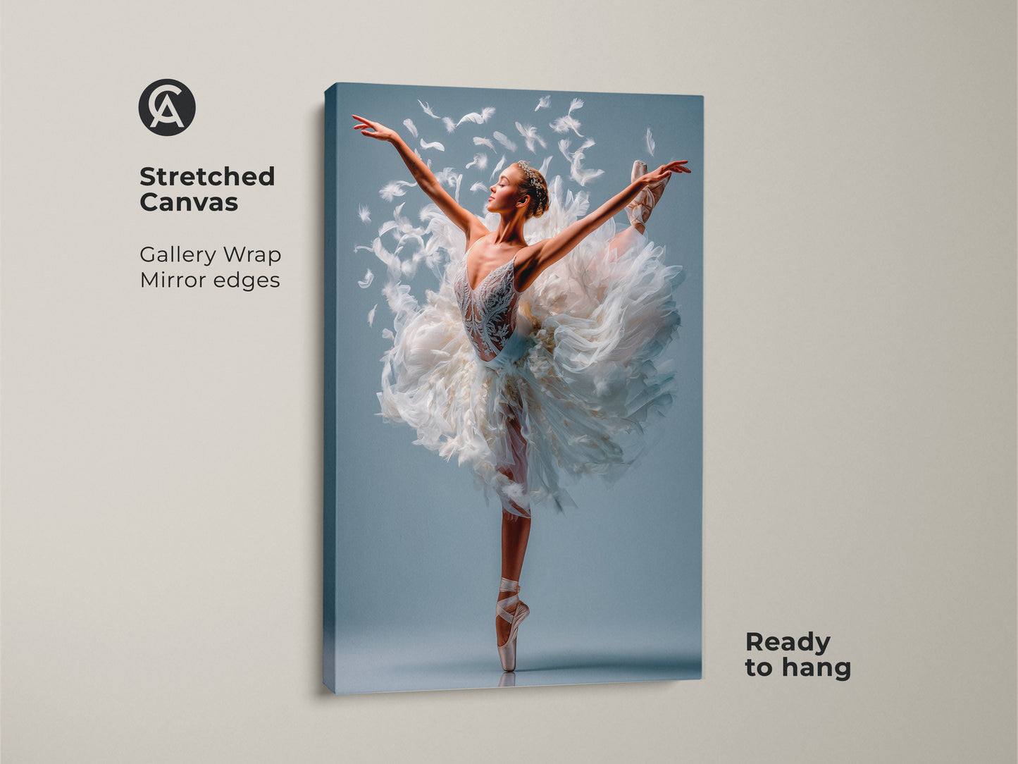 Stretched canvas art showcasing a ballerina in a feathered tutu. Gallery wrapped with mirrored edges. The canvas is ready to hang. This art piece brings a touch of grace to your space. Order now.