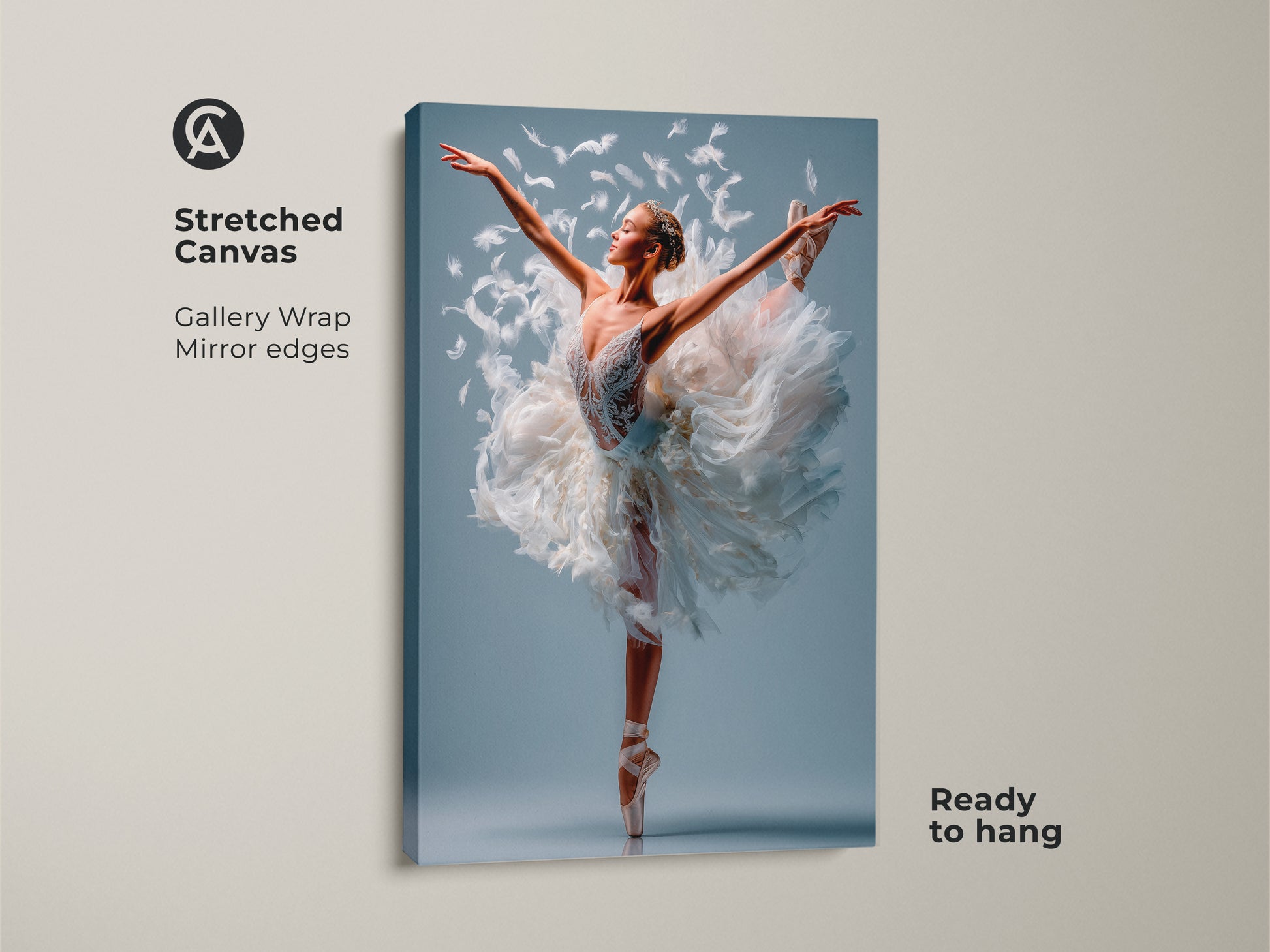 Stretched canvas art showcasing a ballerina in a feathered tutu. Gallery wrapped with mirrored edges. The canvas is ready to hang. This art piece brings a touch of grace to your space. Order now.