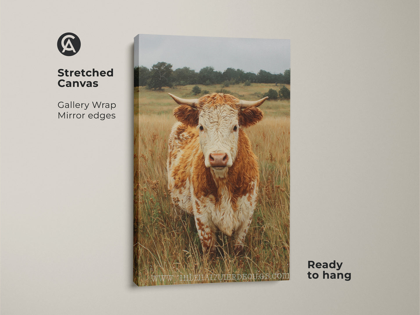 A stretched canvas displays a cow portrait with a gallery wrap. The cow stands in a field of dry grass. The canvas is ready to hang and features mirrored edges. This is perfect for animal art collectors.