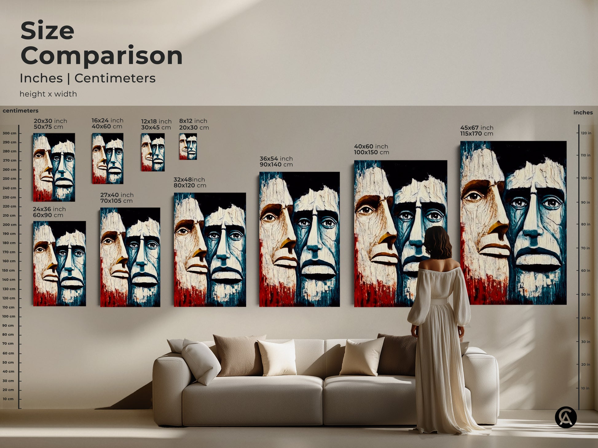 Size comparison of abstract men portrait art. See inches and centimeters for canvas and posters. Visualize the artwork in your living space. This artwork makes a striking wall decor statement. Perfect art for collectors and home decorators alike.