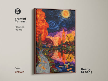 Framed Canvas showcasing an Impressionist trees wall art. The brown floating frame complements the orange blue purple landscape. This artwork enhances eclectic bedroom decor. The artistic nature wall hanging is perfect as a gift for art lovers.