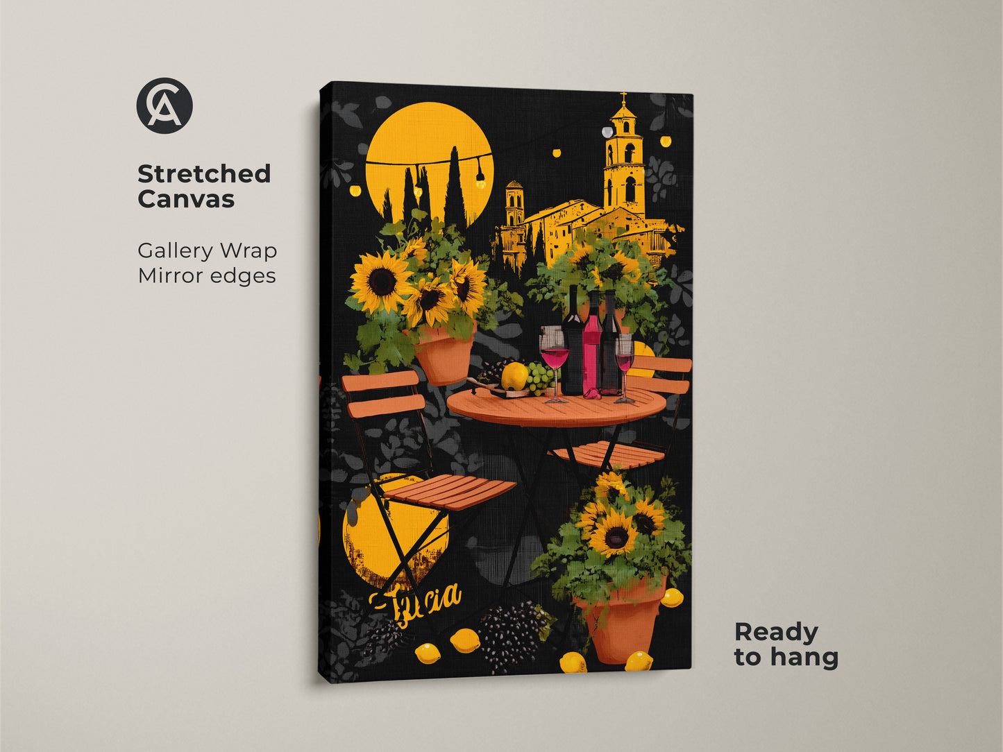 Stretched canvas art print of an Italian cafe scene with vibrant sunflowers and wine bottles ready to hang. Gallery wrap with mirror edges enhances the eclectic modern folk art style. Perfect housewarming gift wine art for kitchens or dining rooms.
