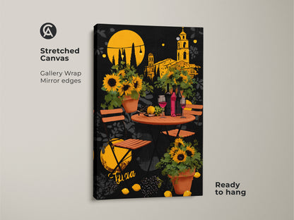 Stretched canvas art print of an Italian cafe scene with vibrant sunflowers and wine bottles ready to hang. Gallery wrap with mirror edges enhances the eclectic modern folk art style. Perfect housewarming gift wine art for kitchens or dining rooms.
