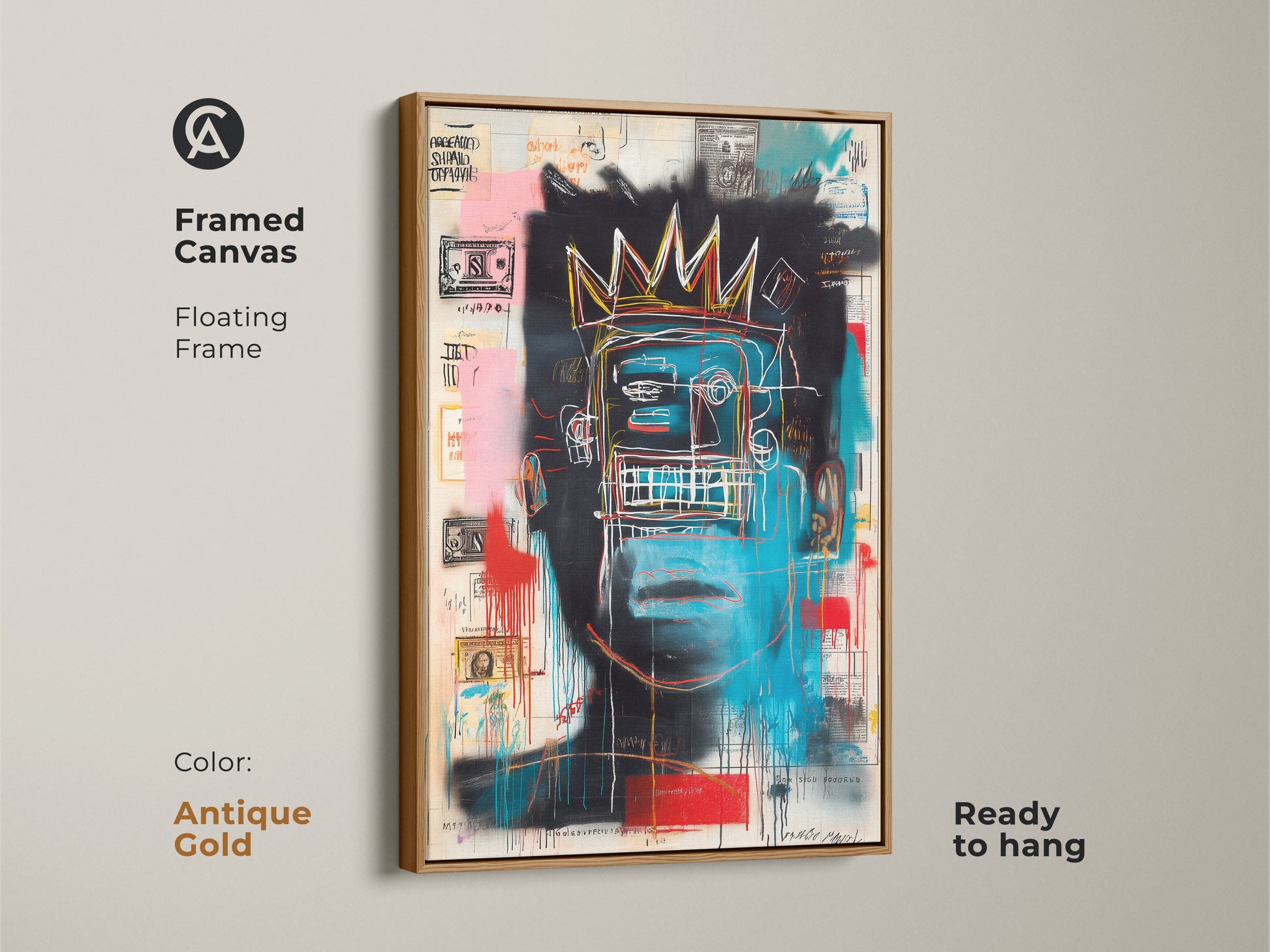 Framed canvas showcasing Basquiat-inspired artwork with an antique gold floating frame. A blue face with a crown pops. The art is ready to hang. Ideal for adding a touch of modern art to your decor. Shop now for museum-quality canvas art.
