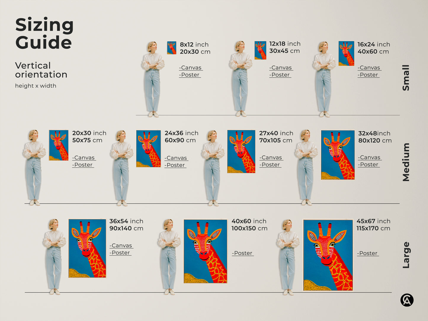 Sizing guide for the Tribal Giraffe Canvas Art. Visualize various vertical orientations and dimensions. Options range from small 8x12 inch to large 45x67 inch prints. Available as both canvas and poster options. Find the perfect fit for your space and bring home this unique African safari animals decor.