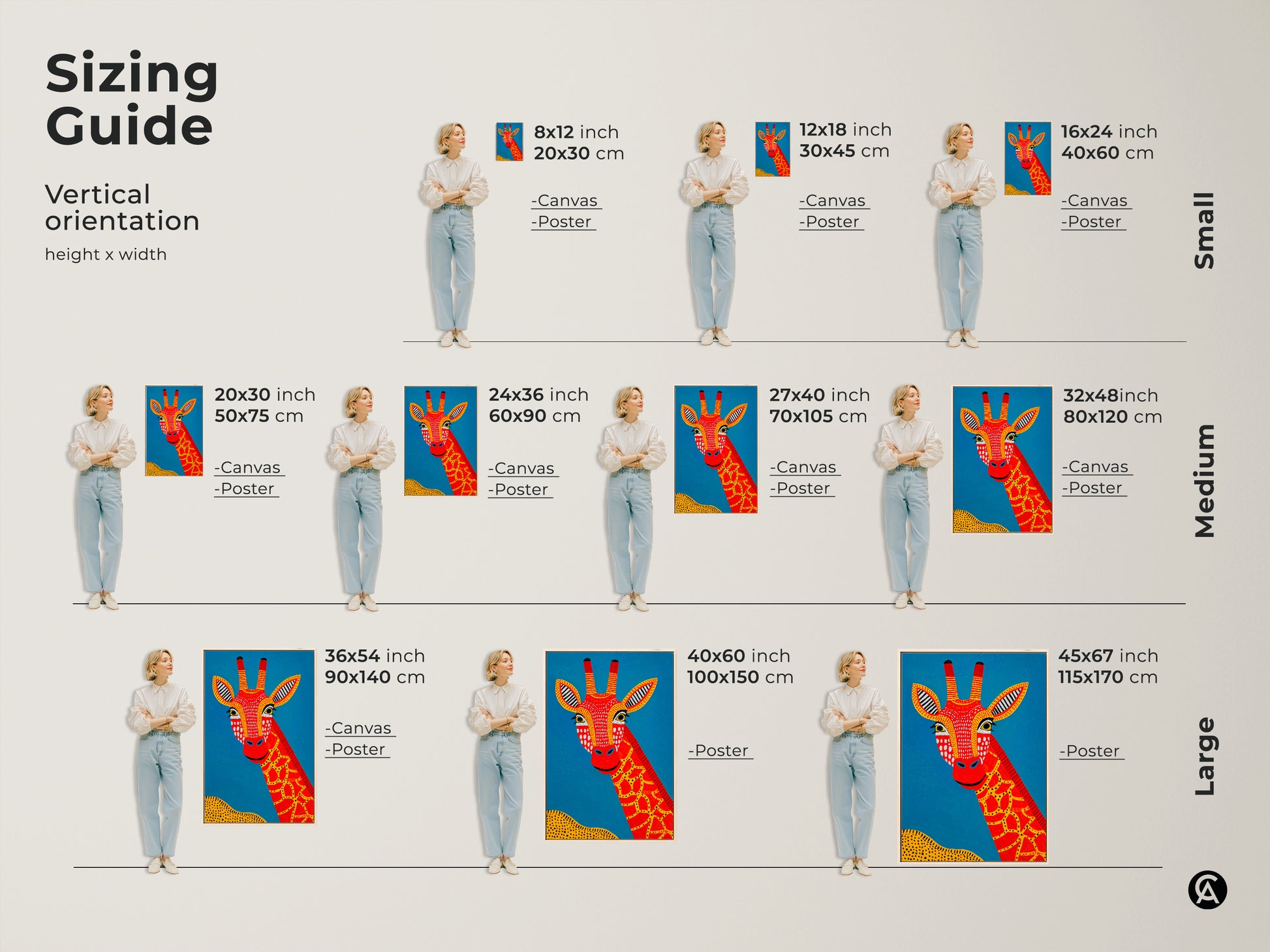 Sizing guide for the Tribal Giraffe Canvas Art. Visualize various vertical orientations and dimensions. Options range from small 8x12 inch to large 45x67 inch prints. Available as both canvas and poster options. Find the perfect fit for your space and bring home this unique African safari animals decor.