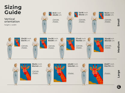 Sizing guide for the Tribal Giraffe Canvas Art. Visualize various vertical orientations and dimensions. Options range from small 8x12 inch to large 45x67 inch prints. Available as both canvas and poster options. Find the perfect fit for your space and bring home this unique African safari animals decor.