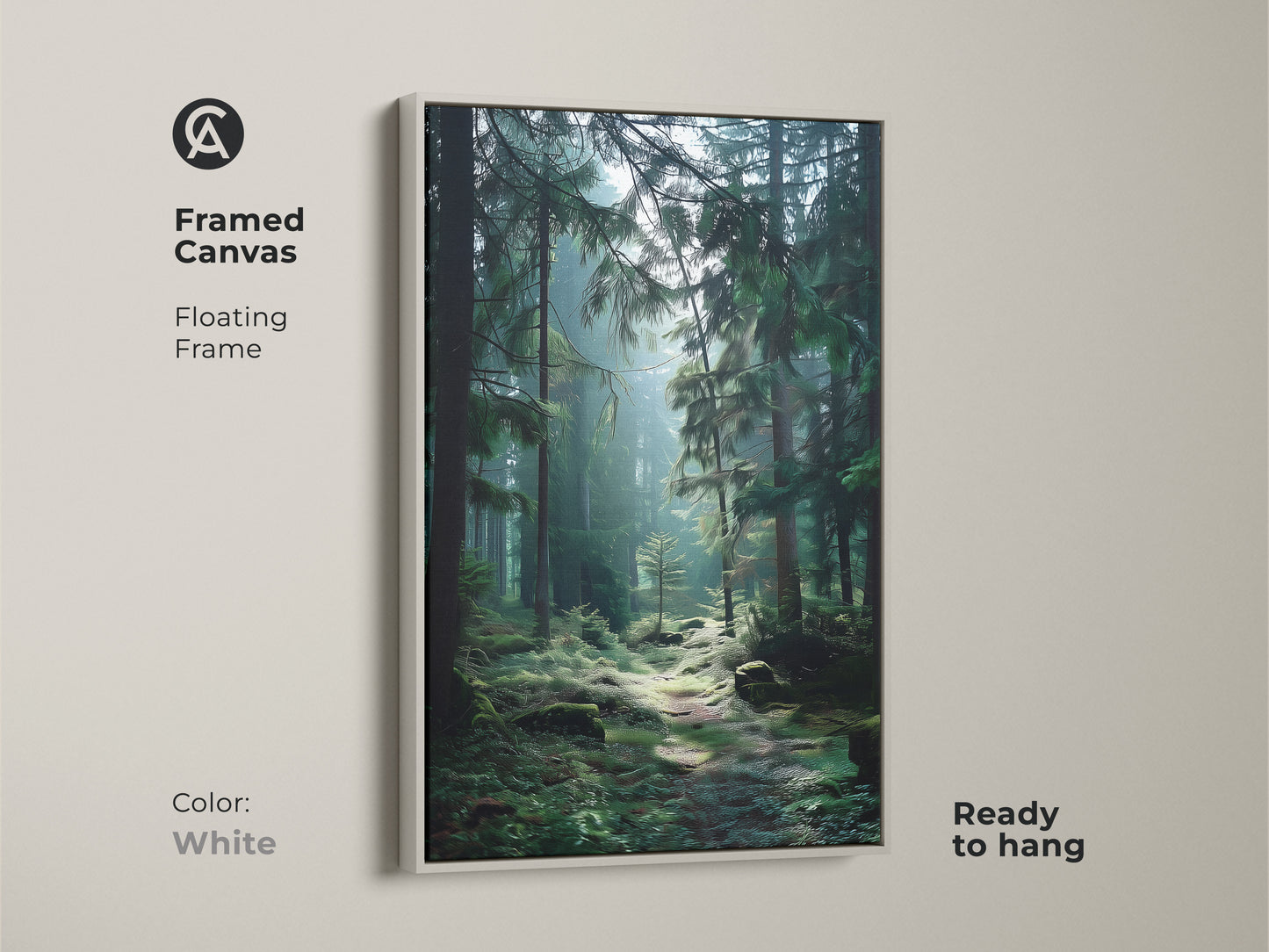 White framed canvas featuring a misty forest path print. Floating frame displays deep green evergreen trees. This natural landscape print is ready to hang. Perfect as rustic bedroom decor.
