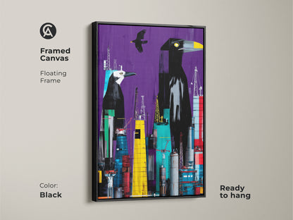 A black framed canvas features a surreal crow cityscape art print. This modern artwork includes crows and an urban scene. It is set against a vivid purple background with yellow and teal accents. Ideal for animal lovers and eclectic decor. It adds a unique artistic touch to any space. Ready to hang.