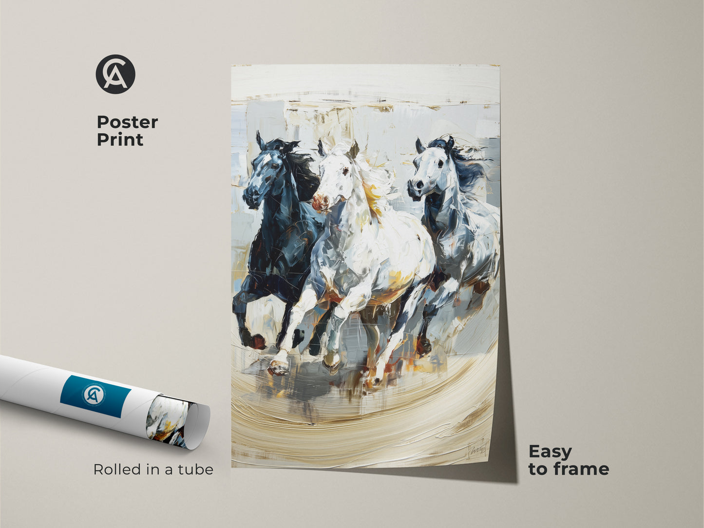 Poster print of galloping horses art rolled in a tube. Impressionistic animal nature artwork in black white and gray. This dynamic equine art is easy to frame. This gallop art print is perfect for eclectic home decor. Add modern animal art to your space. An ideal housewarming gift for horse lovers. It captures the beauty of wild horse movement.