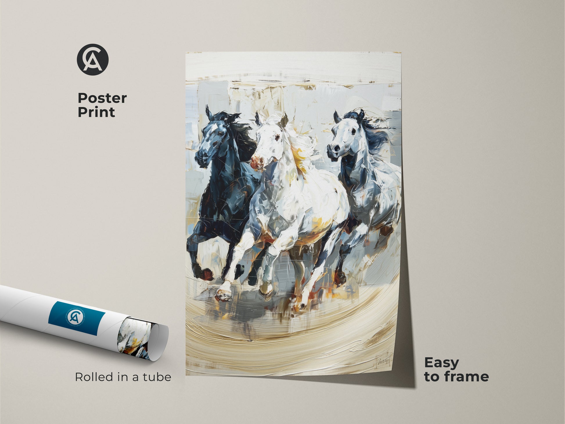 Poster print of galloping horses art rolled in a tube. Impressionistic animal nature artwork in black white and gray. This dynamic equine art is easy to frame. This gallop art print is perfect for eclectic home decor. Add modern animal art to your space. An ideal housewarming gift for horse lovers. It captures the beauty of wild horse movement.