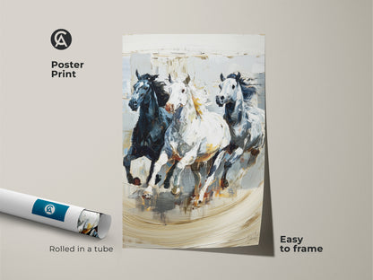 Poster print of galloping horses art rolled in a tube. Impressionistic animal nature artwork in black white and gray. This dynamic equine art is easy to frame. This gallop art print is perfect for eclectic home decor. Add modern animal art to your space. An ideal housewarming gift for horse lovers. It captures the beauty of wild horse movement.