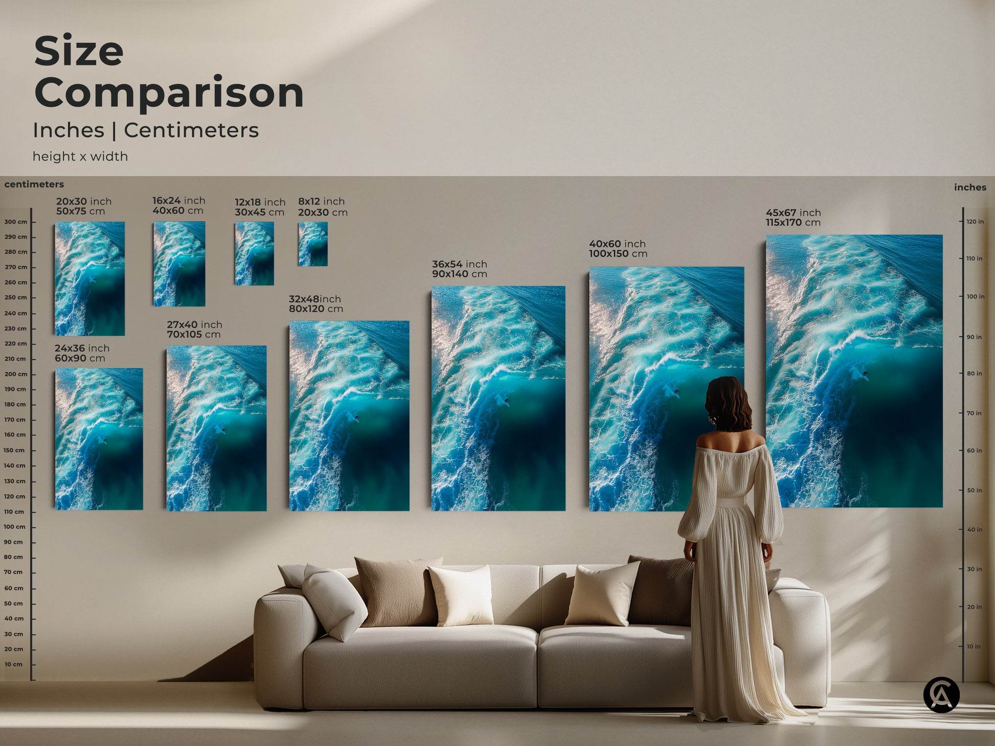 Compare the sizes of our ocean wave art prints. Visualize how each artwork fits your space. Options range from small 8x12 inch to large 45x67 inch prints. Perfect for any room. Transform your home with stunning canvas or poster art. Find the ideal piece to enhance your décor.