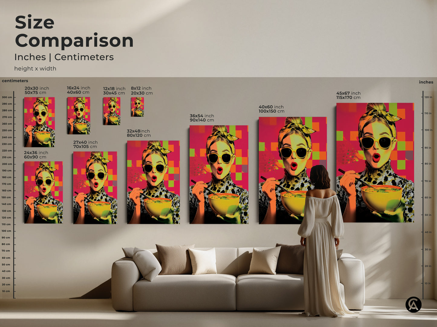 Size comparison of pop art woman enjoying soup artwork in inches and centimeters. See how different sizes fit above a couch. This contemporary kitchen art is available in various dimensions. A perfect foodie gift for her. Explore the yellow orange and pink abstract art.
