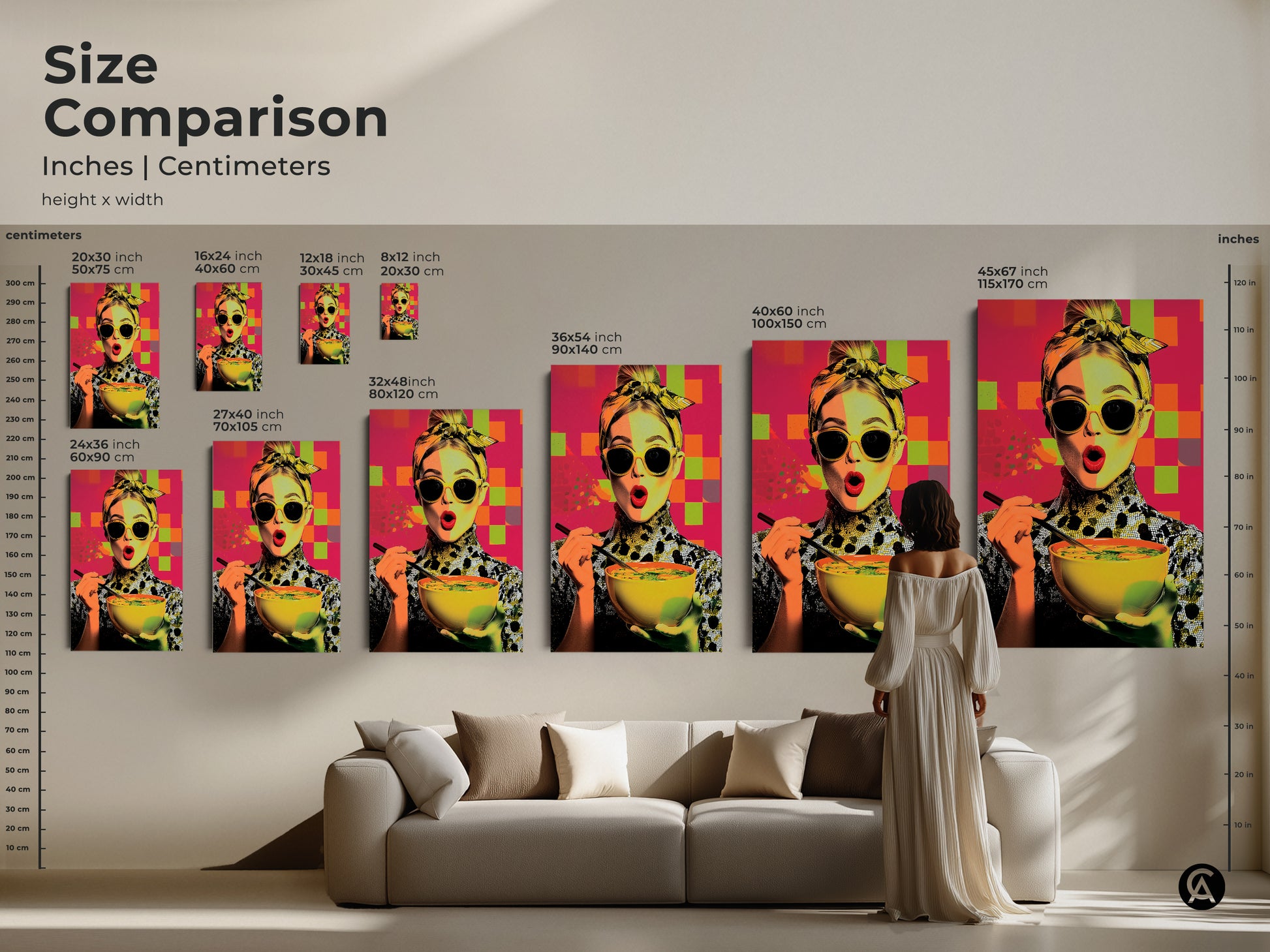 Size comparison of pop art woman enjoying soup artwork in inches and centimeters. See how different sizes fit above a couch. This contemporary kitchen art is available in various dimensions. A perfect foodie gift for her. Explore the yellow orange and pink abstract art.